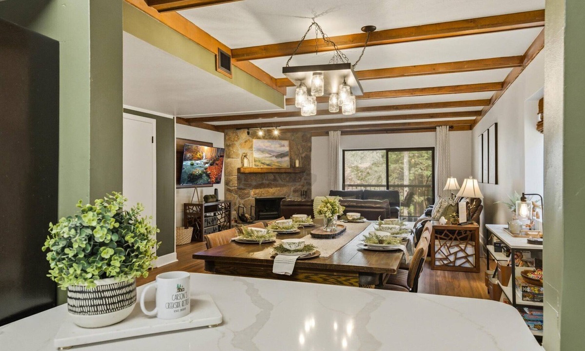Chalet Village Condo | Carson's Creekside Retreat! 2 King Beds+Queen/2 Twins. Updated baths! No carpet!