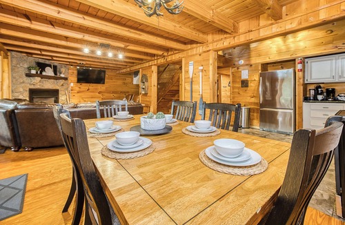 Epworth Cabin | 6BR Log Cabin Anglers Retreat w/Fire Pit Hot Tub & Game Room | Pet Friendly