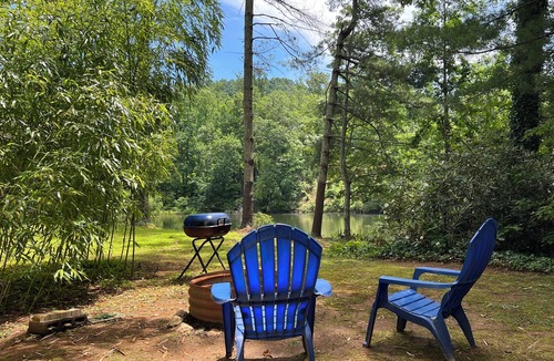 Saluda House | Bamboo bungalow at Camp David. Pond-front, pet friendly tiny home retreat