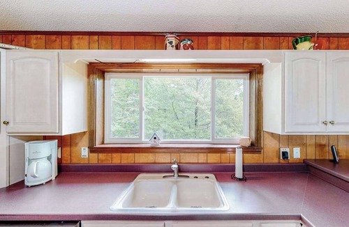 Franklin House | View-worthy home lined by trees with a fireplace, wrap-around deck, grill, & W/D
