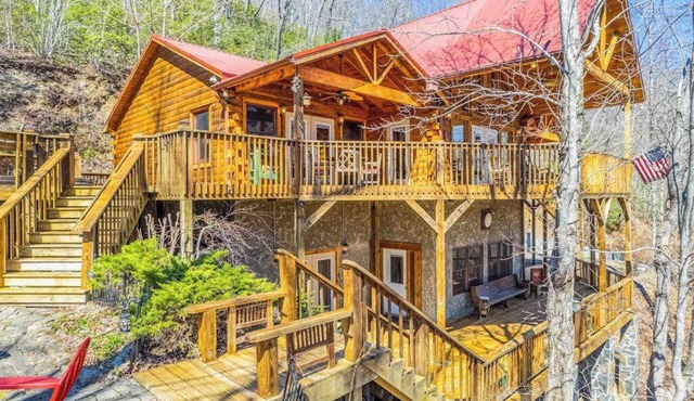 Gorgeous mountain-view home with huge decks, hot tub, game room, & fireplaces