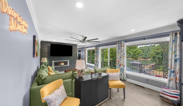 Lake Lanier Lake House with Private Dock Hot Tub Pet-friendly Game Room